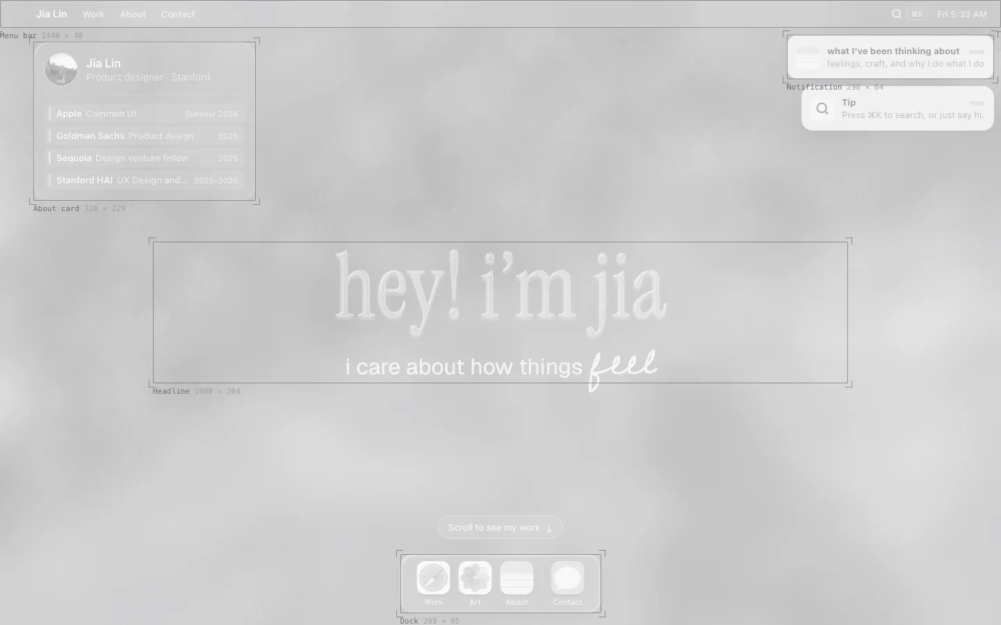 The desktop in grey, each surface outlined and labelled with its size.