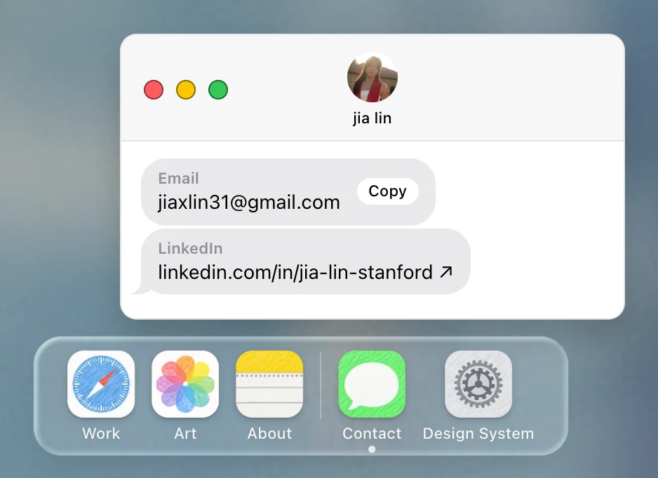 A small Messages window above the dock, with email and LinkedIn bubbles; Contact in the dock has a running dot.
