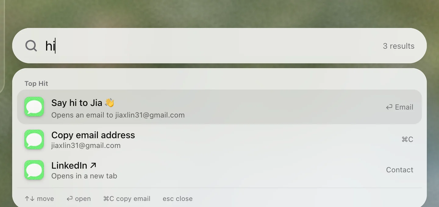 Spotlight with “hi” typed: Say hi to Jia, Copy email address, LinkedIn.