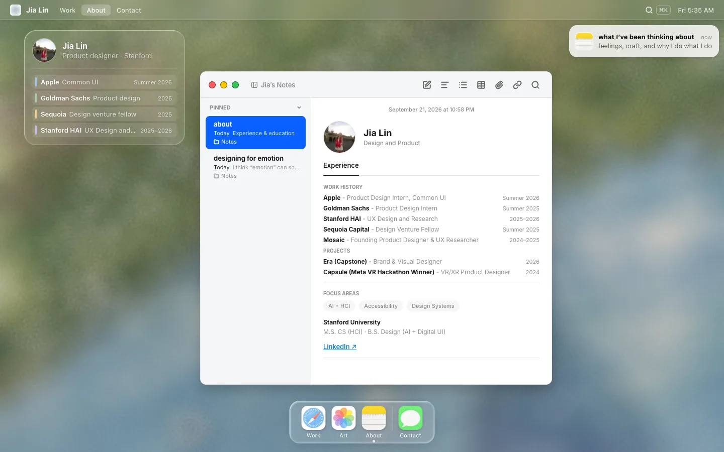 About · Notes window, as it appears on the site